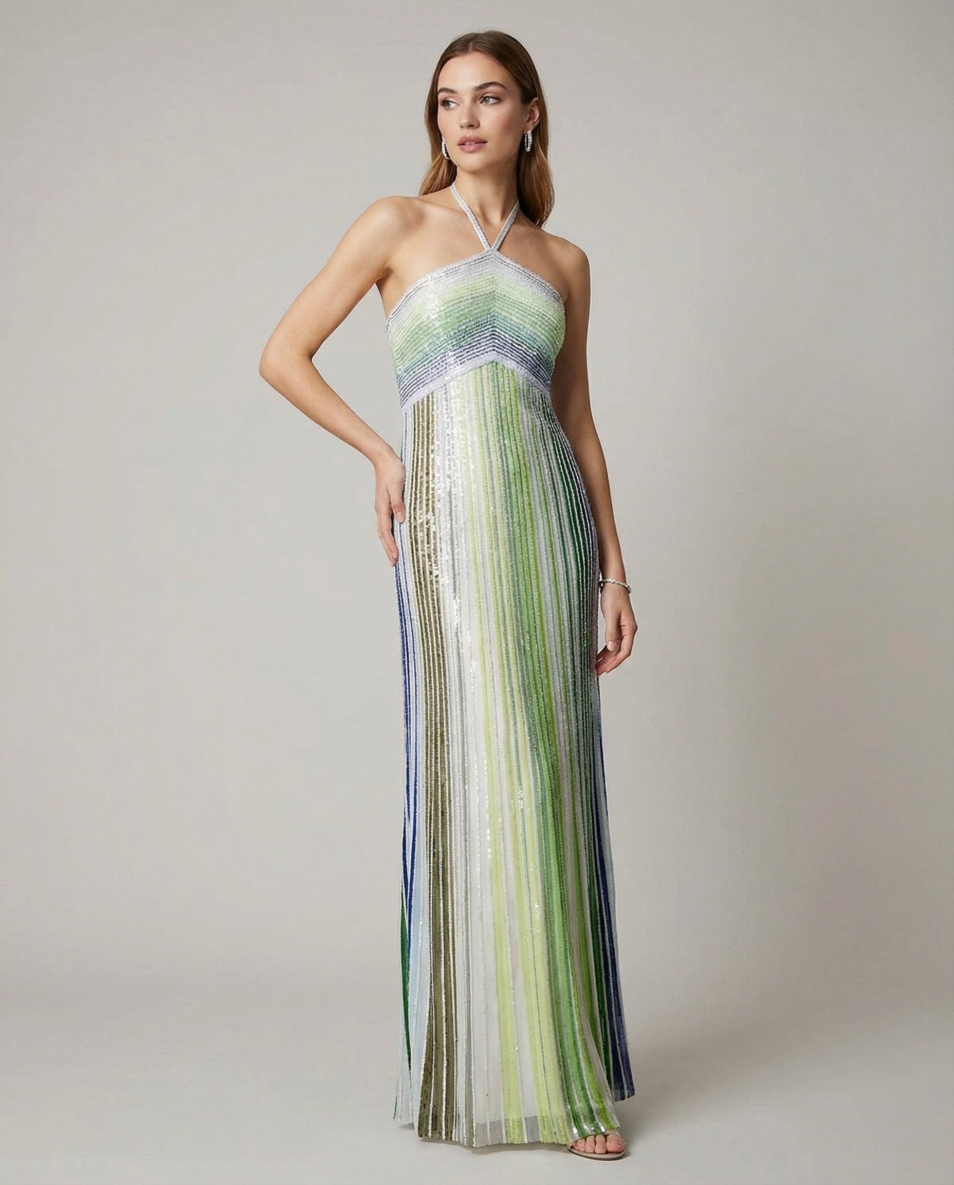 Sequined Maxi Dress – Elegant Halter Neck Evening Gown — back view
