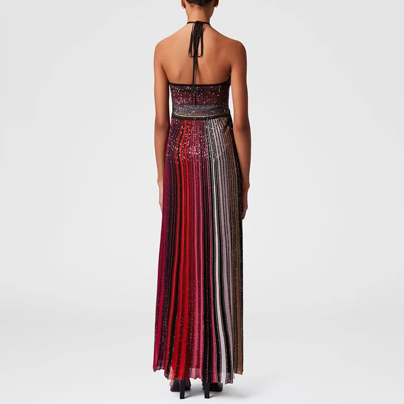Sequined Maxi Dress – Elegant Halter Neck Evening Gown — close-up