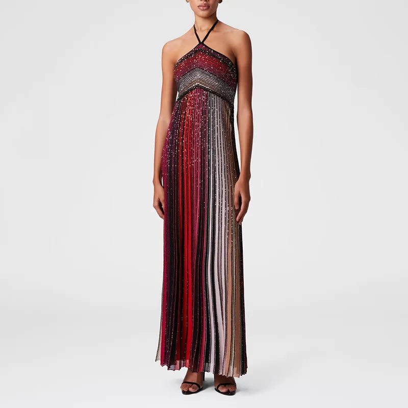 Sequined Maxi Dress – Elegant Halter Neck Evening Gown — fabric detail