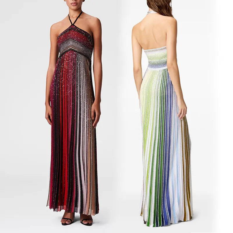 Sequined Maxi Dress – Elegant Halter Neck Evening Gown — model wearing