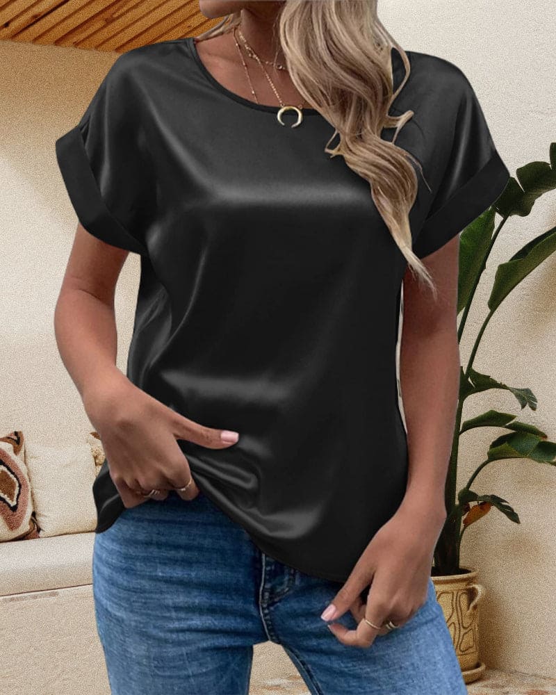 Short Sleeve Satin Blouse with Relaxed Tailored Fit — styling detail