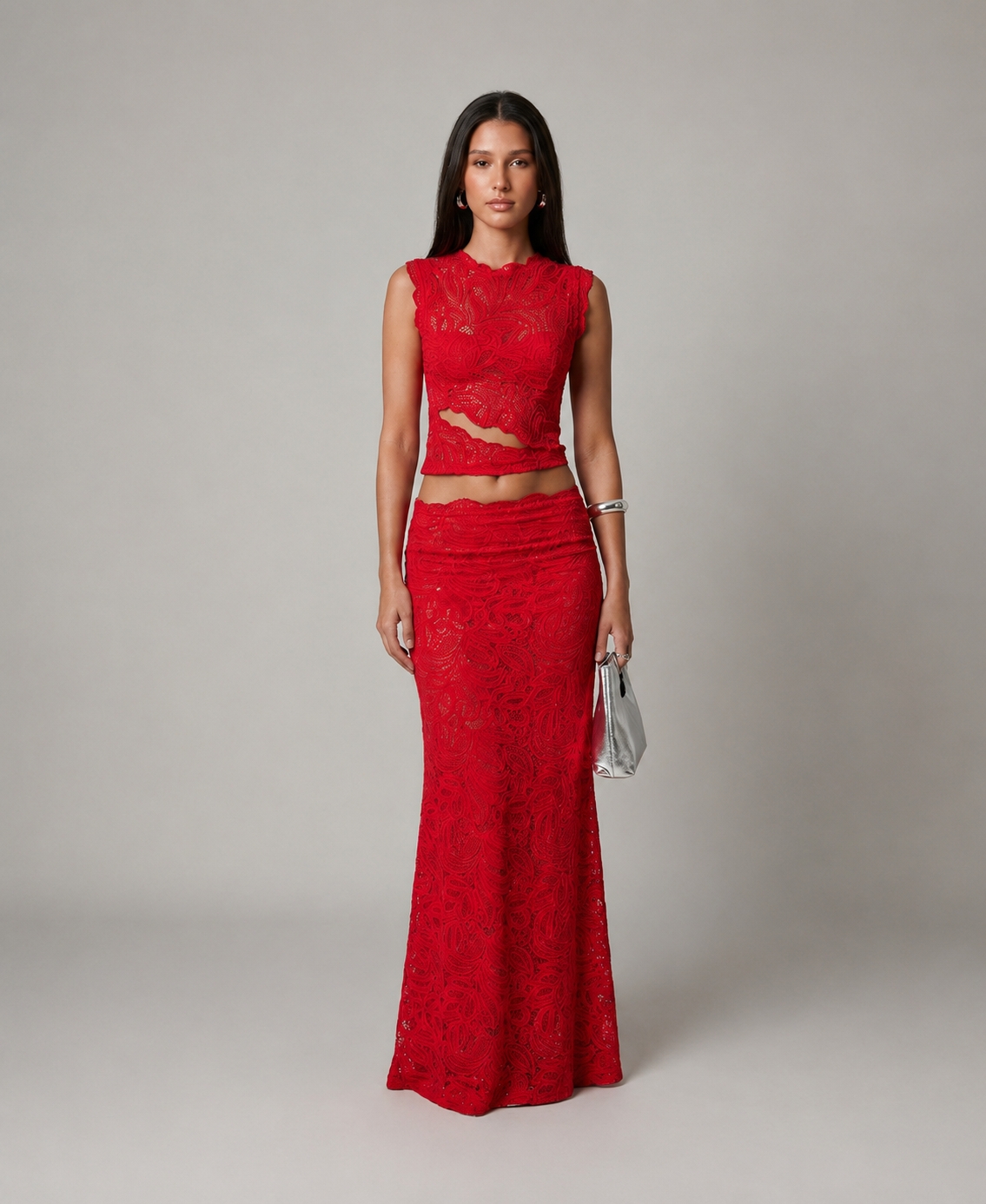 Sleeveless Floral Lace Crop Top and Long Skirt Two-Piece Set