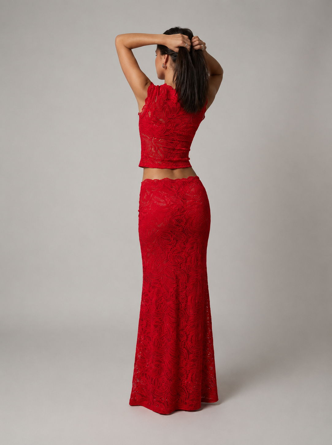 Sleeveless Floral Lace Crop Top and Long Skirt Two-Piece Set