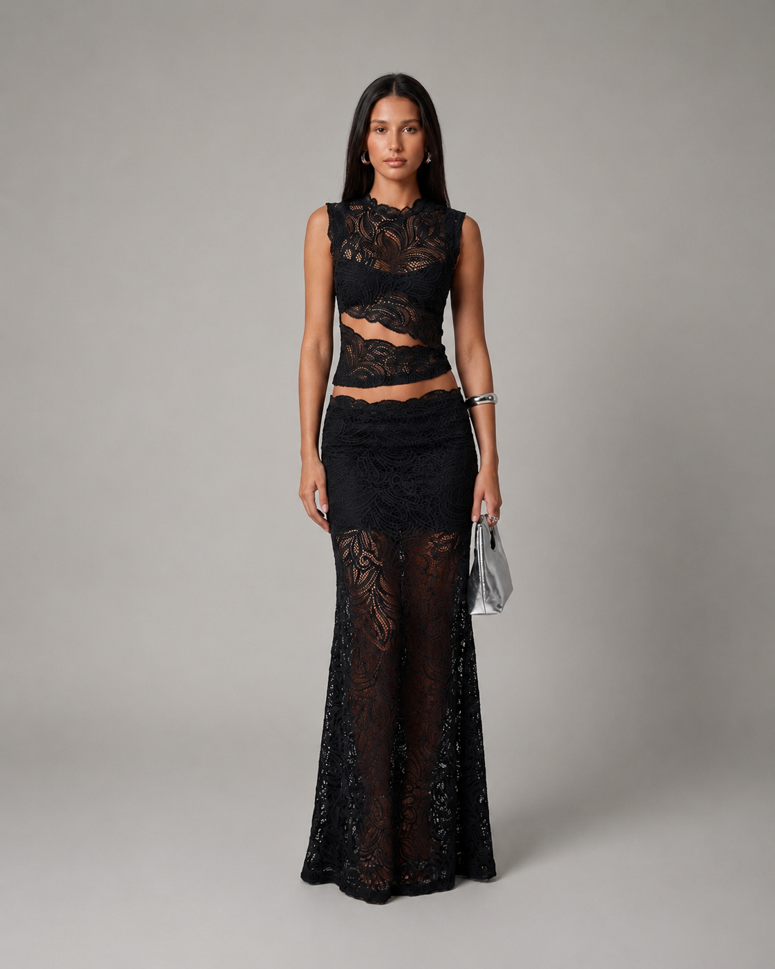 Sleeveless Floral Lace Crop Top and Long Skirt Two-Piece Set