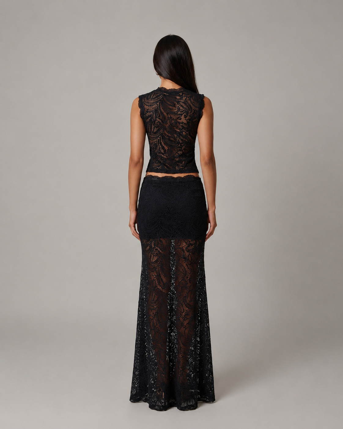 Sleeveless Floral Lace Crop Top and Long Skirt Two-Piece Set
