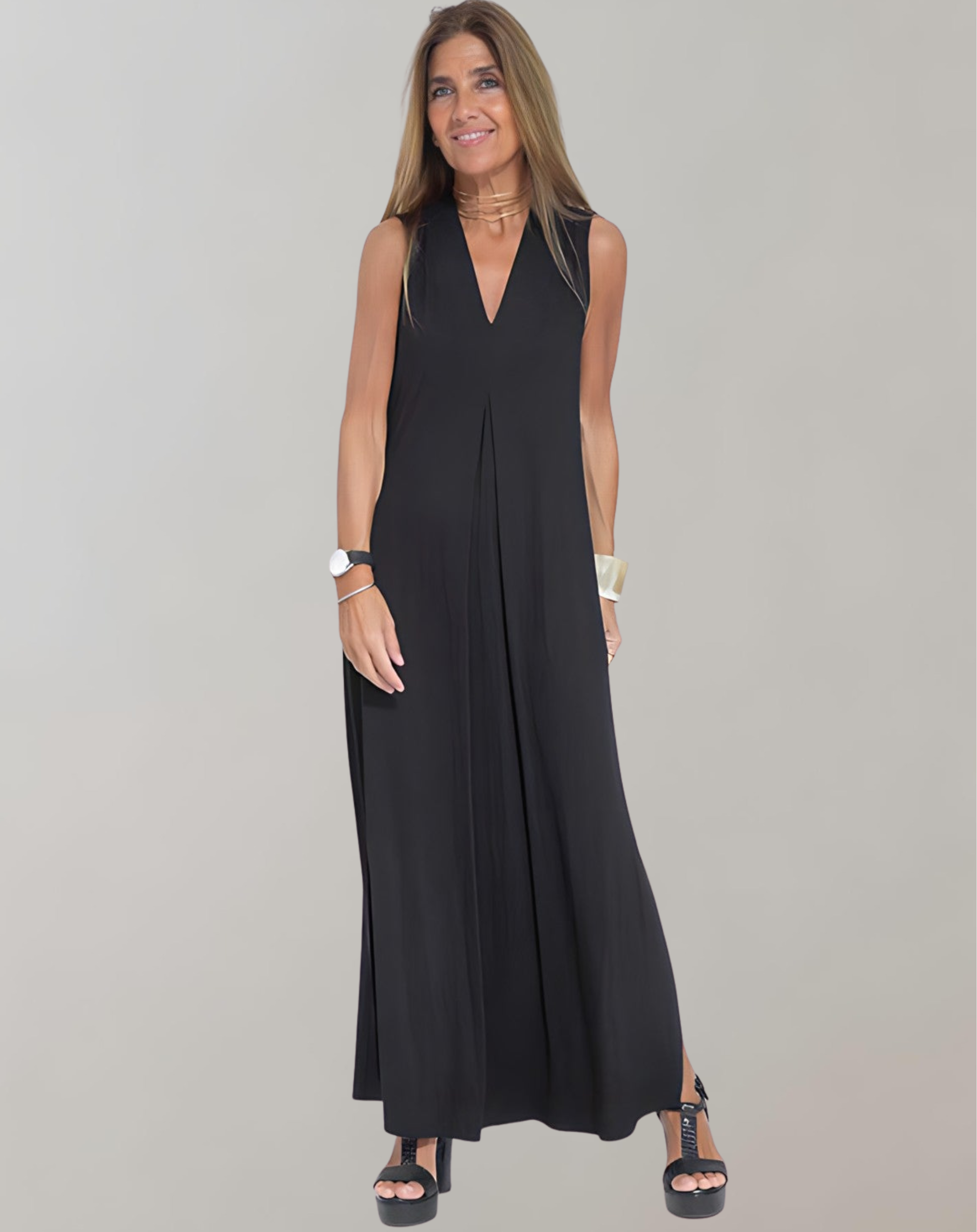 Sleeveless V-Neck Beach Maxi Dress for Holiday Lounging — back view
