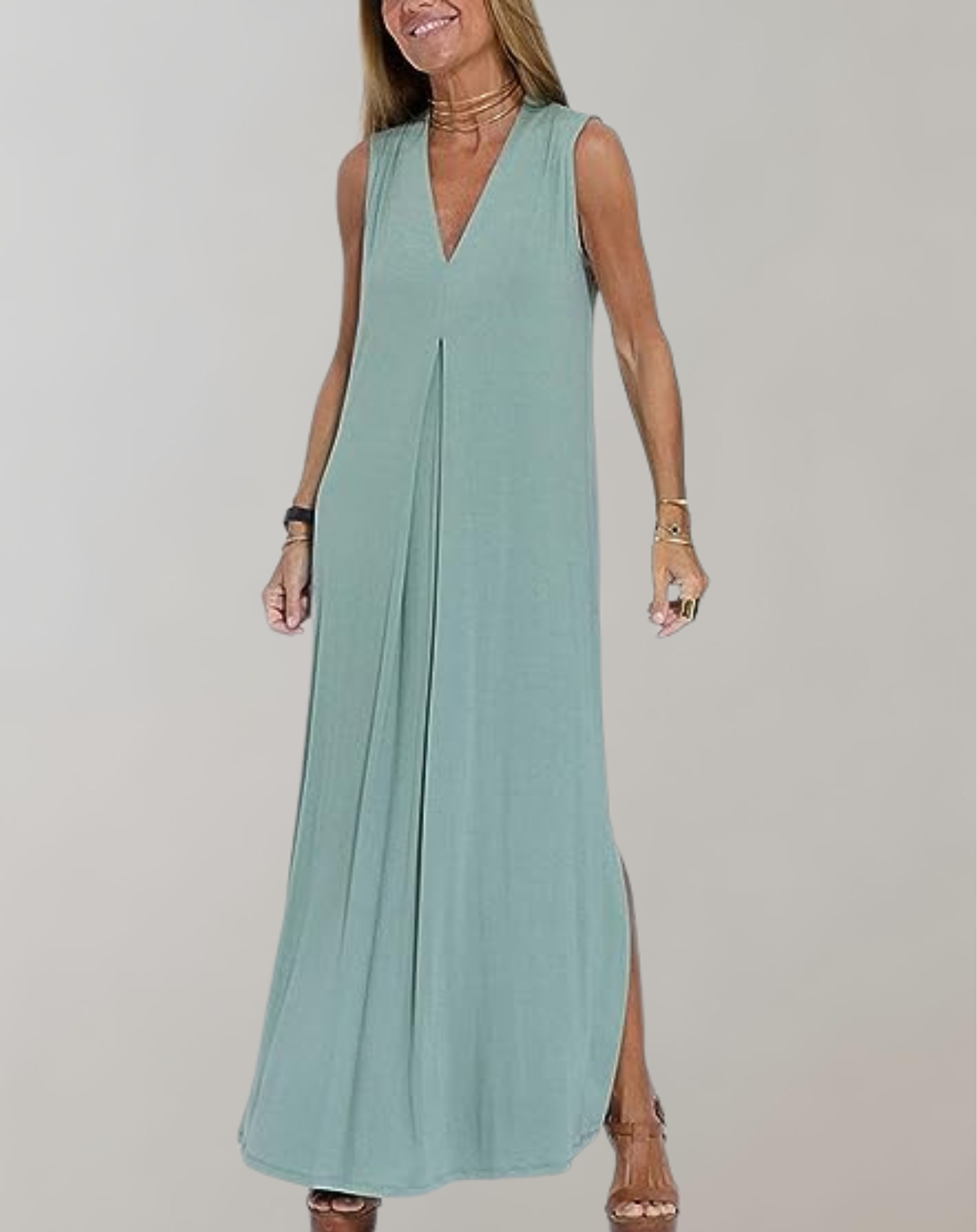 Sleeveless V-Neck Beach Maxi Dress for Holiday Lounging — detail view