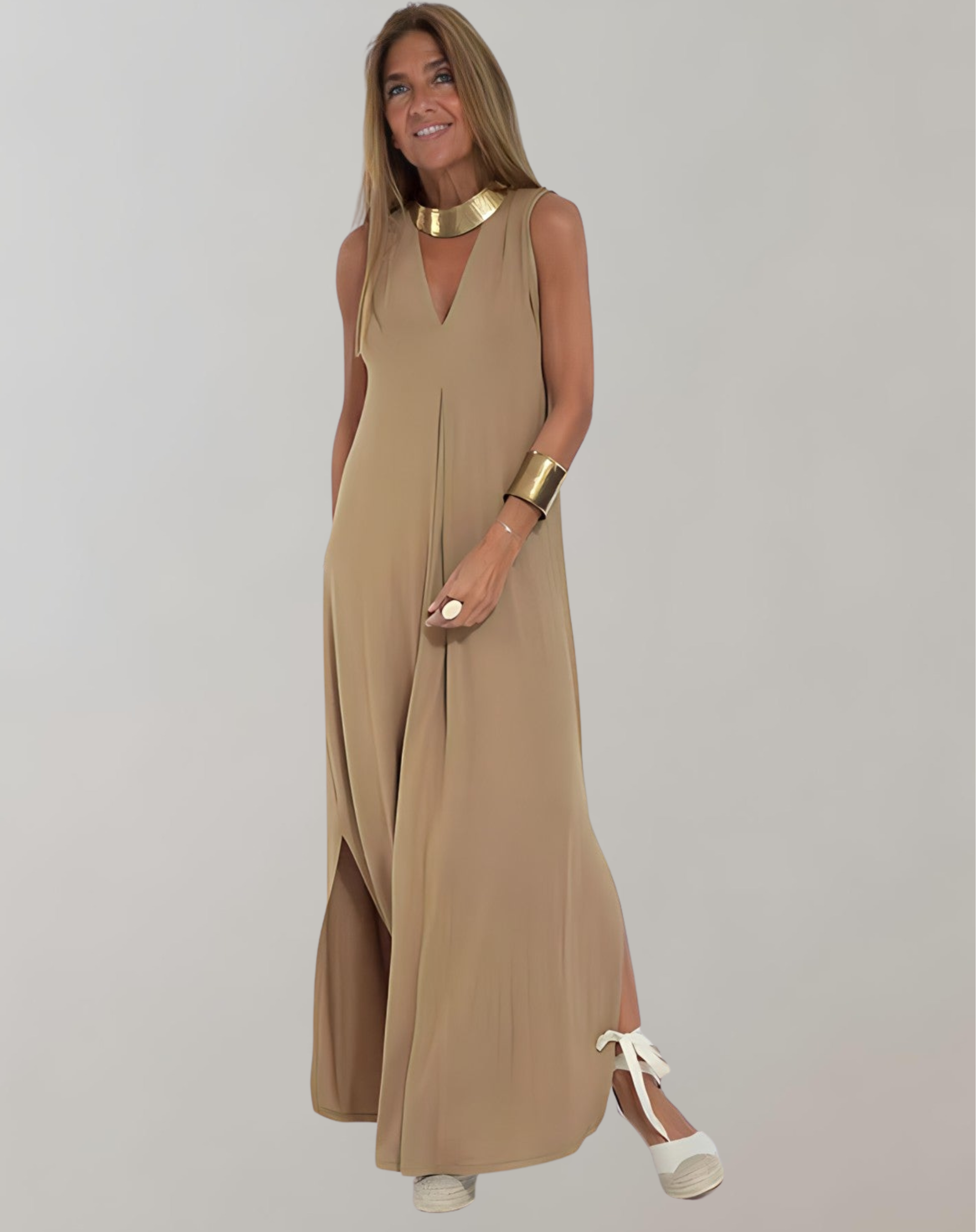 Sleeveless V-Neck Beach Maxi Dress for Holiday Lounging — side view