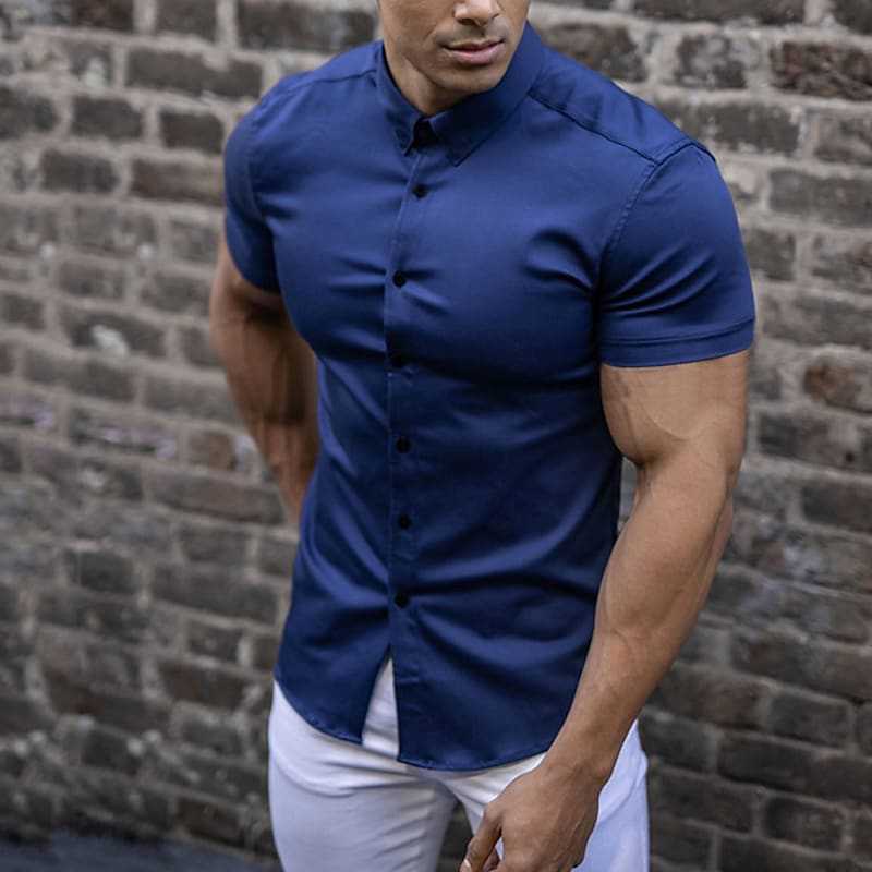 Slim Fit Short Sleeve Button-Up Shirt for Men — model wearing
