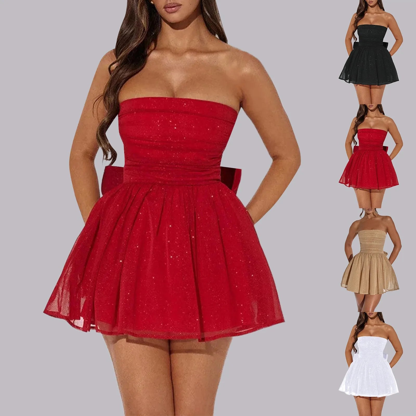Sparkly Mini Dress – Elegant Strapless A-Line Cocktail Outfit — alternative angle