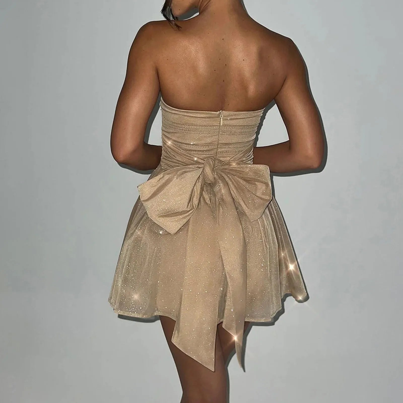 Sparkly Mini Dress – Elegant Strapless A-Line Cocktail Outfit — close-up
