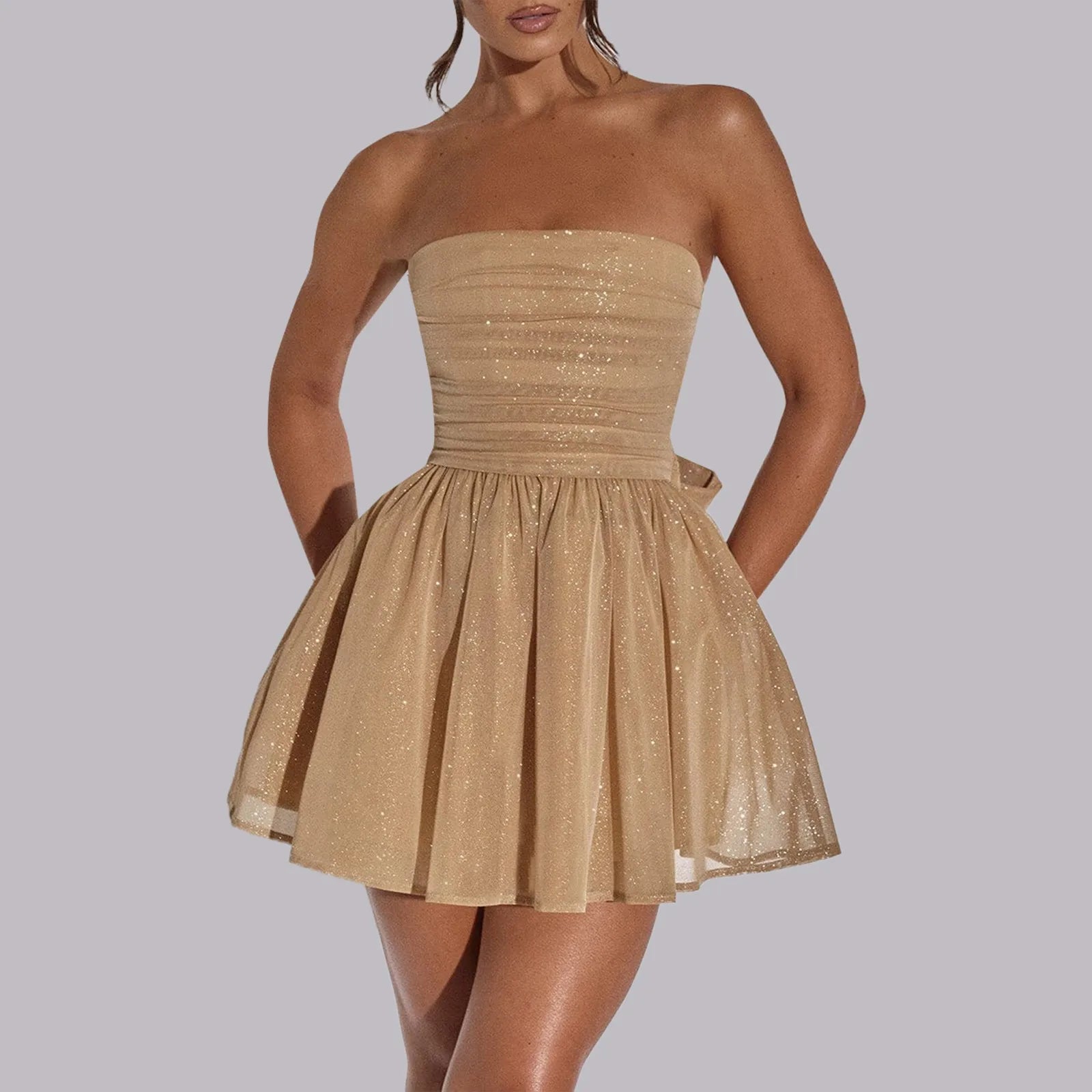 Sparkly Mini Dress – Elegant Strapless A-Line Cocktail Outfit — model wearing
