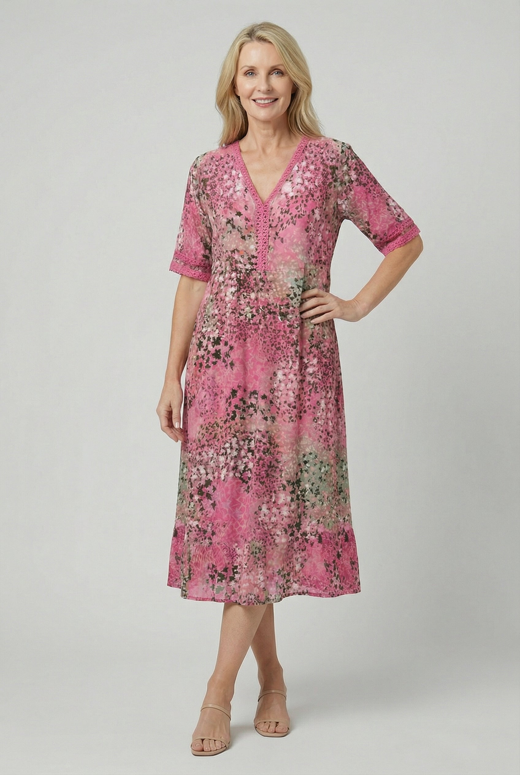 Speckled Floral Print Midi Dress with Side Pockets — alternative angle