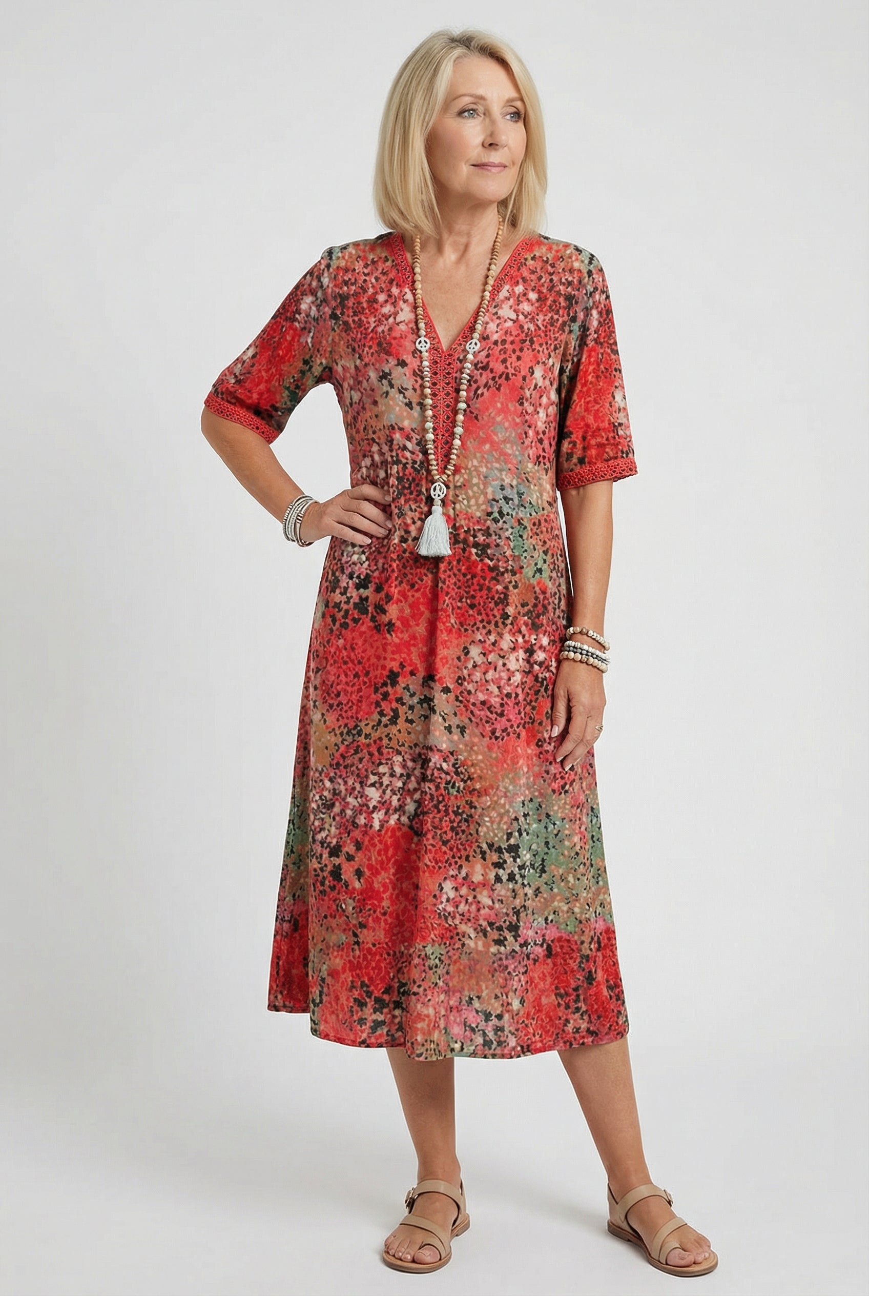 Speckled Floral Print Midi Dress with Side Pockets — back view