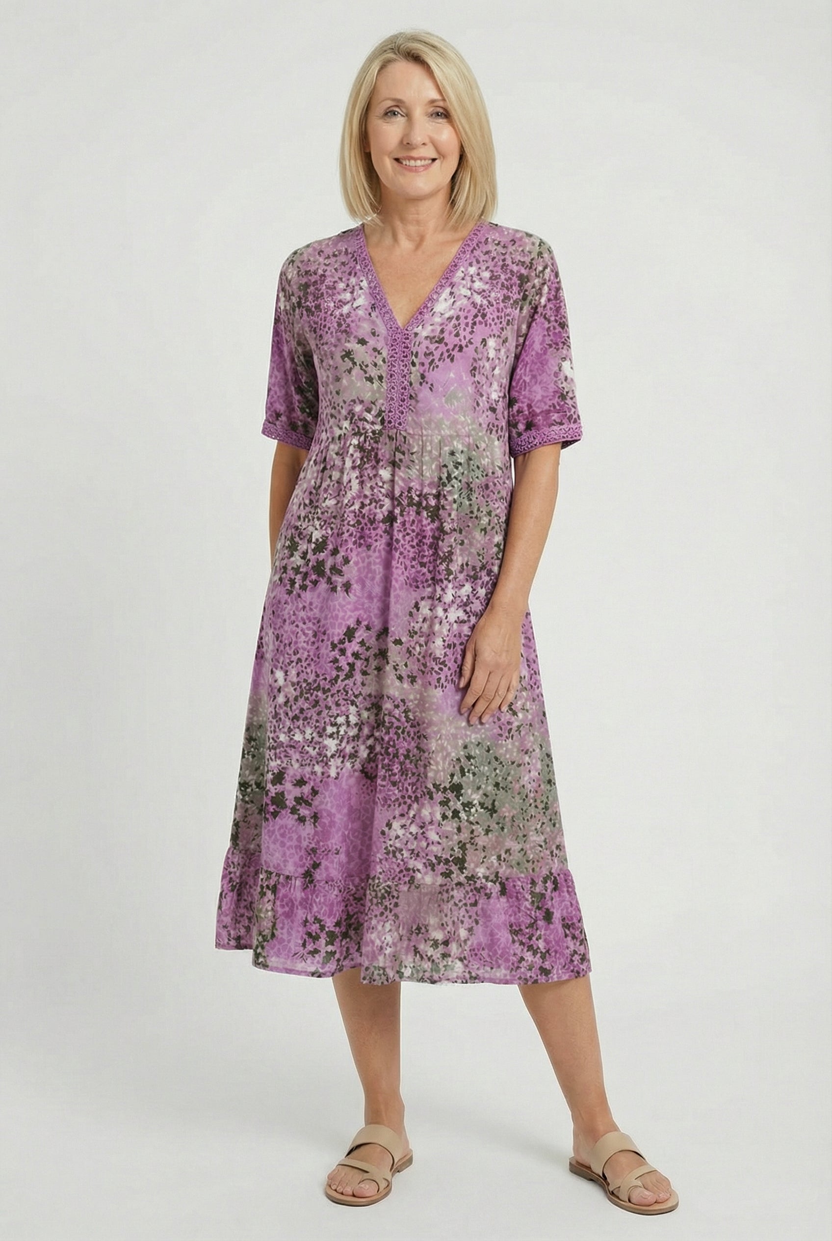 Speckled Floral Print Midi Dress with Side Pockets — fabric detail