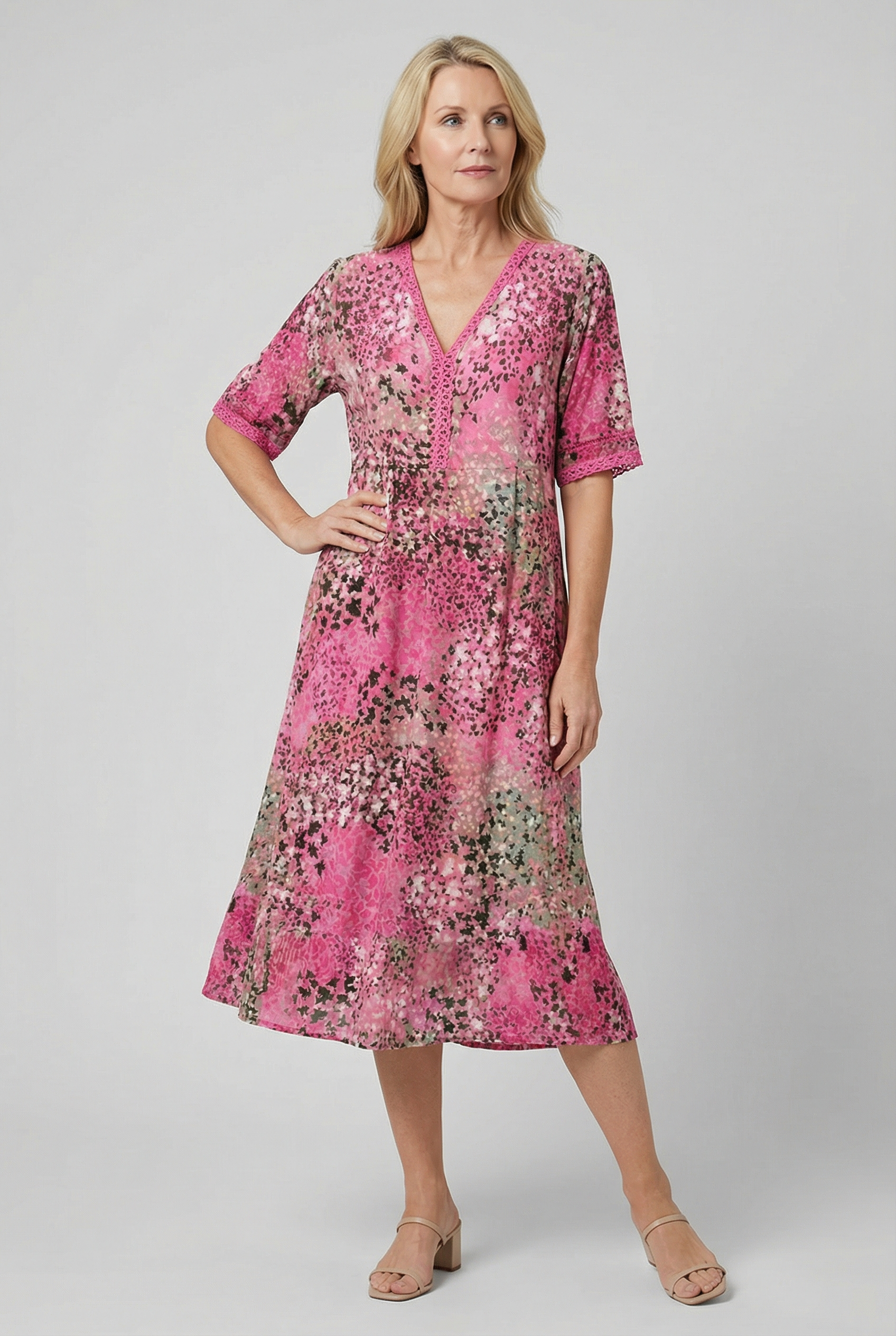 Speckled Floral Print Midi Dress with Side Pockets — styling detail