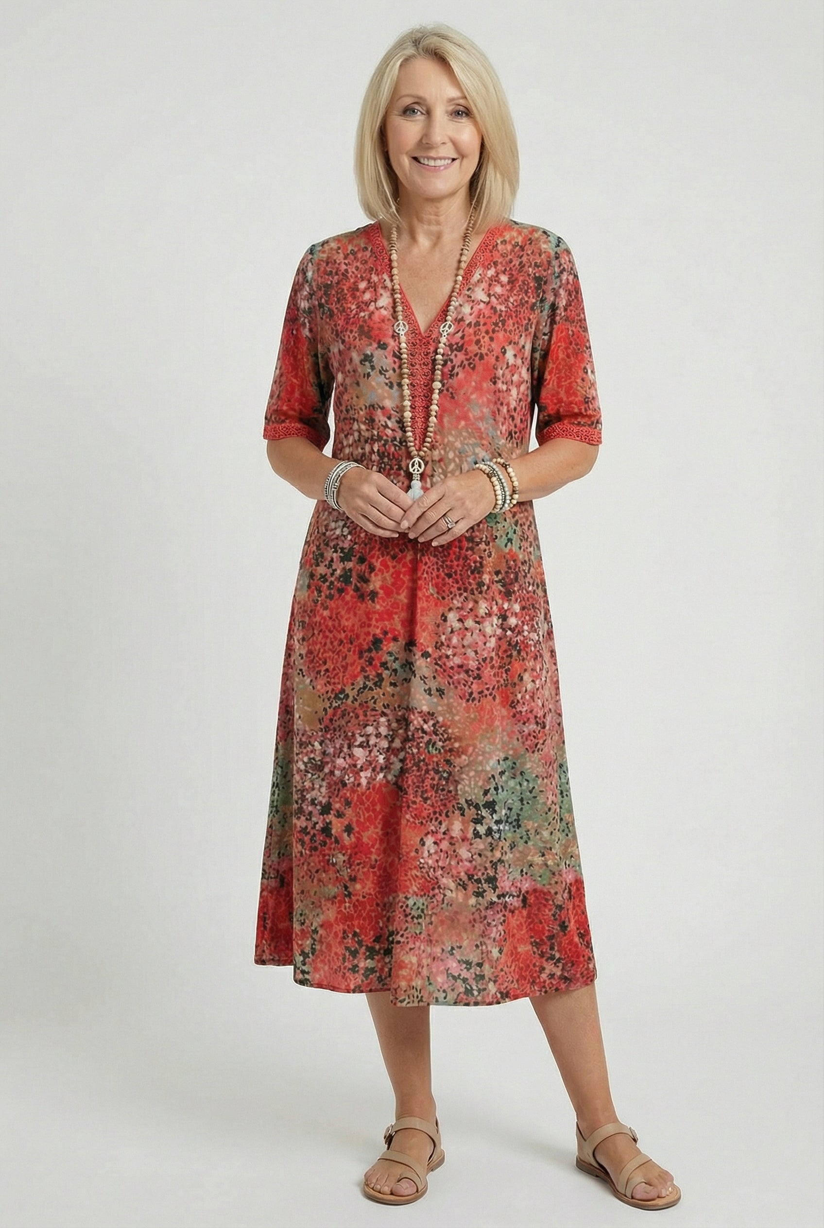 Speckled Floral Print Midi Dress with Side Pockets