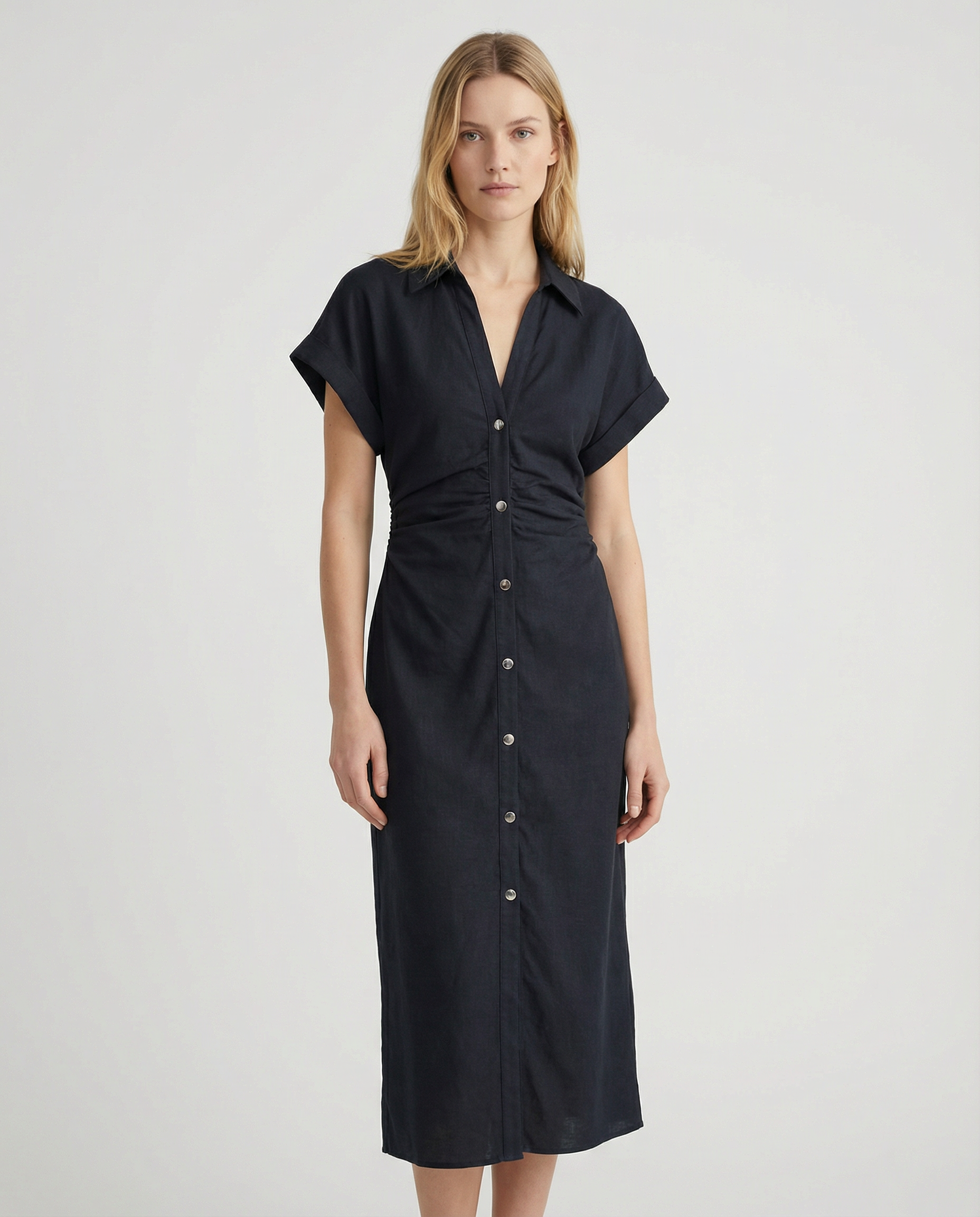 Spring Denim Dress – Casual Midi with Ruched Sleeves for Effortless Summer Style — back view