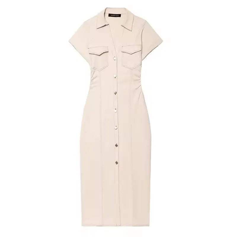 Spring Denim Dress – Casual Midi with Ruched Sleeves for Effortless Summer Style — close-up