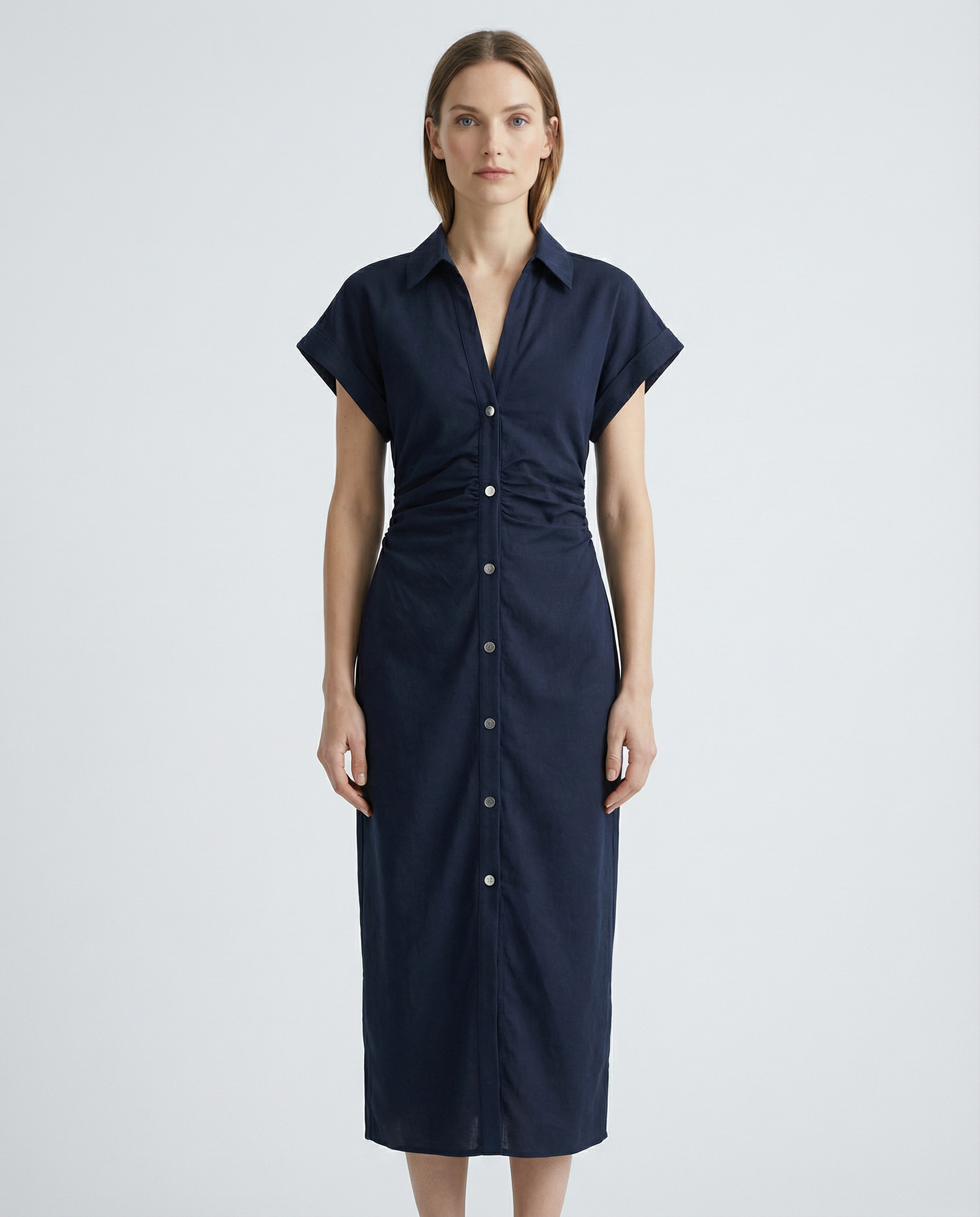 Spring Denim Dress – Casual Midi with Ruched Sleeves for Effortless Summer Style — detail view