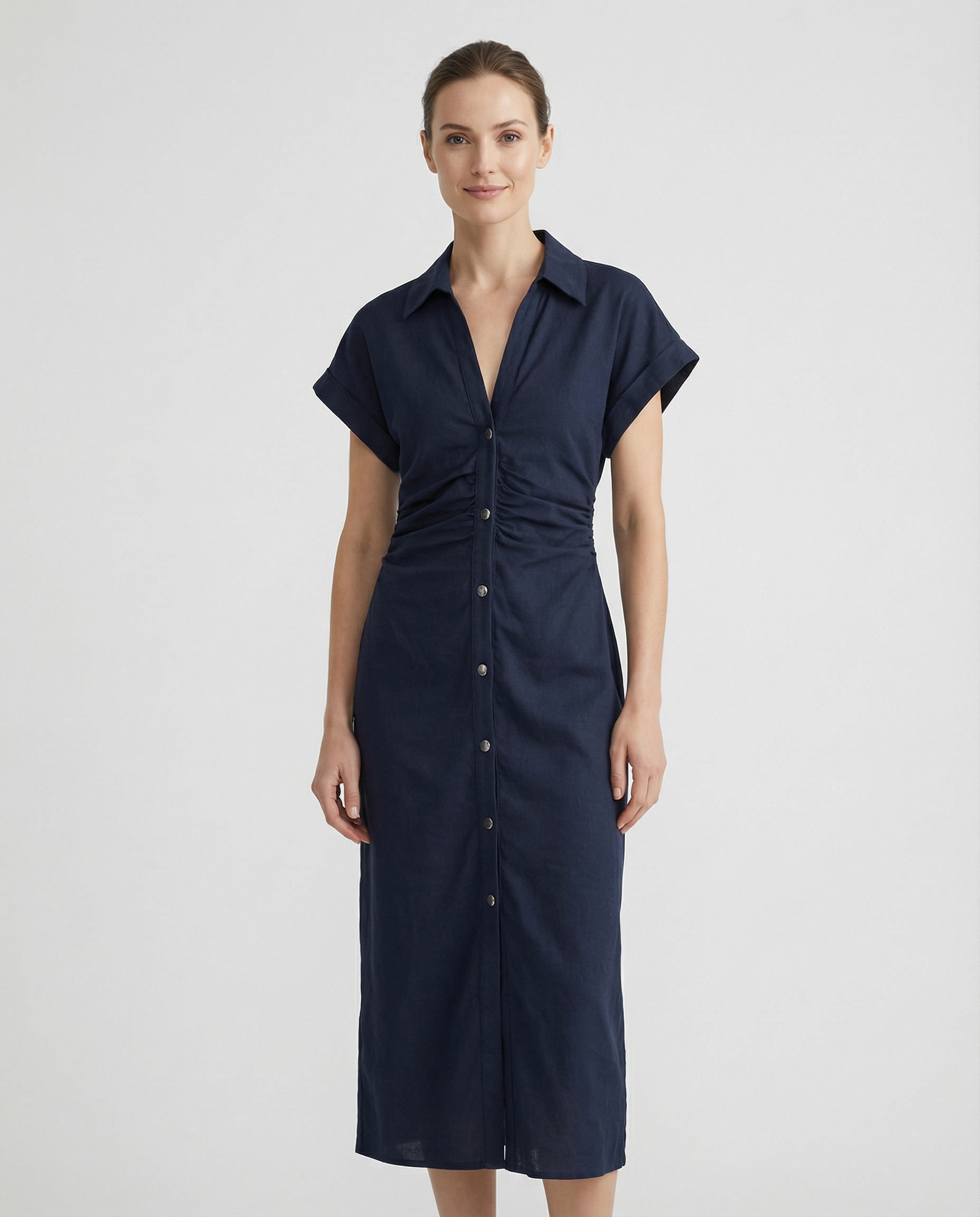 Spring Denim Dress – Casual Midi with Ruched Sleeves for Effortless Summer Style — side view