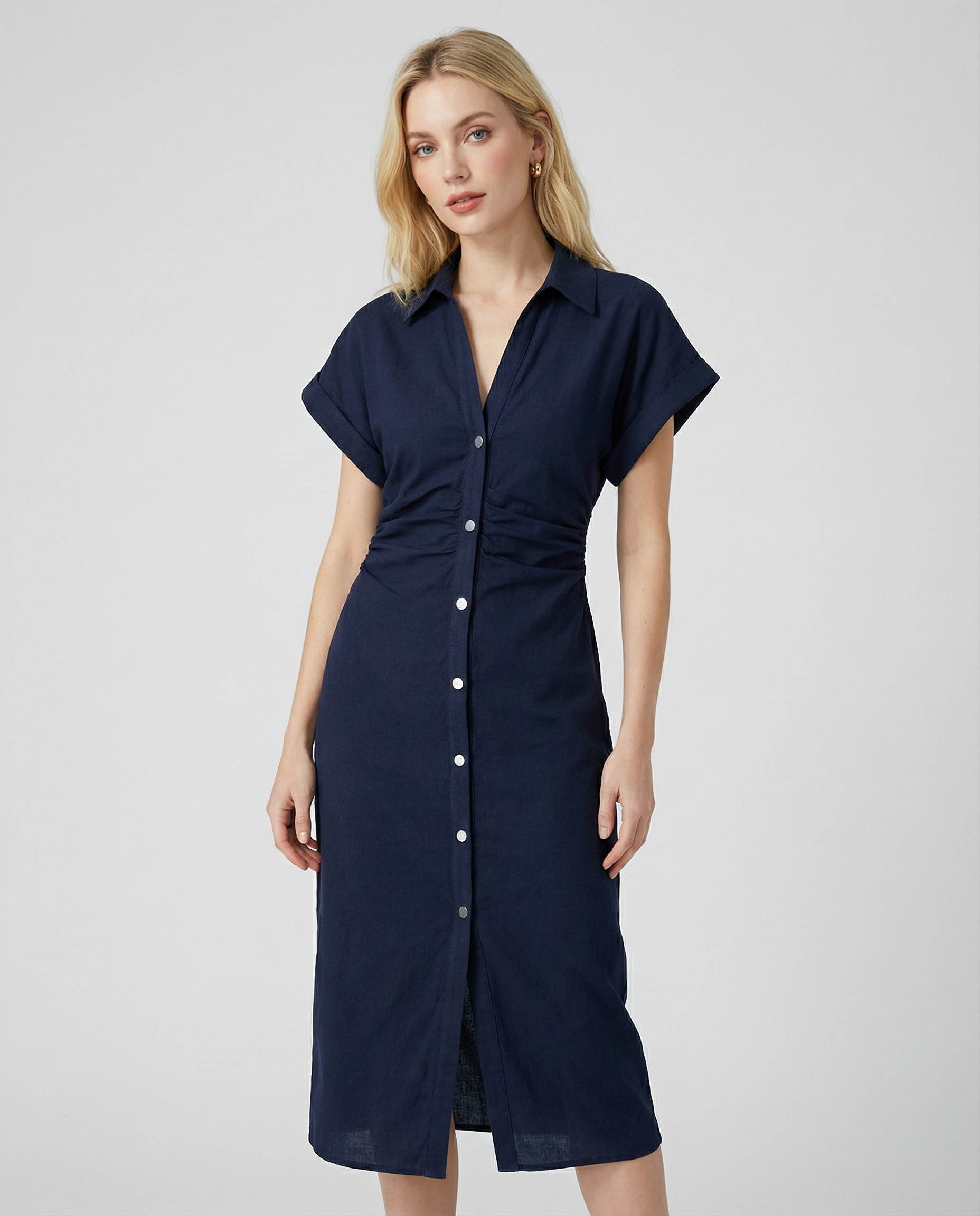 Spring Denim Dress – Casual Midi with Ruched Sleeves for Effortless Summer Style