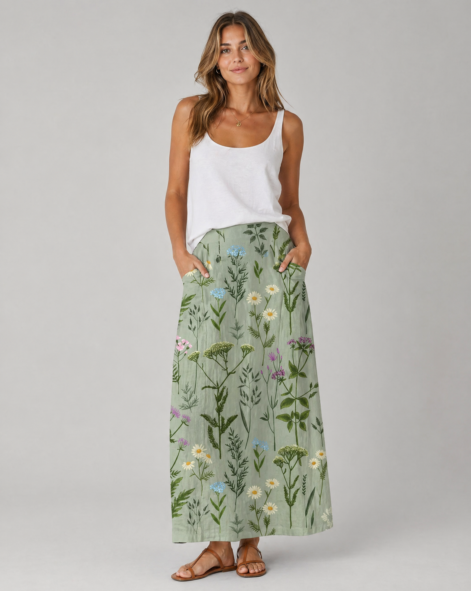 Spring Field Print Green A-Line Pocket Skirt — back view