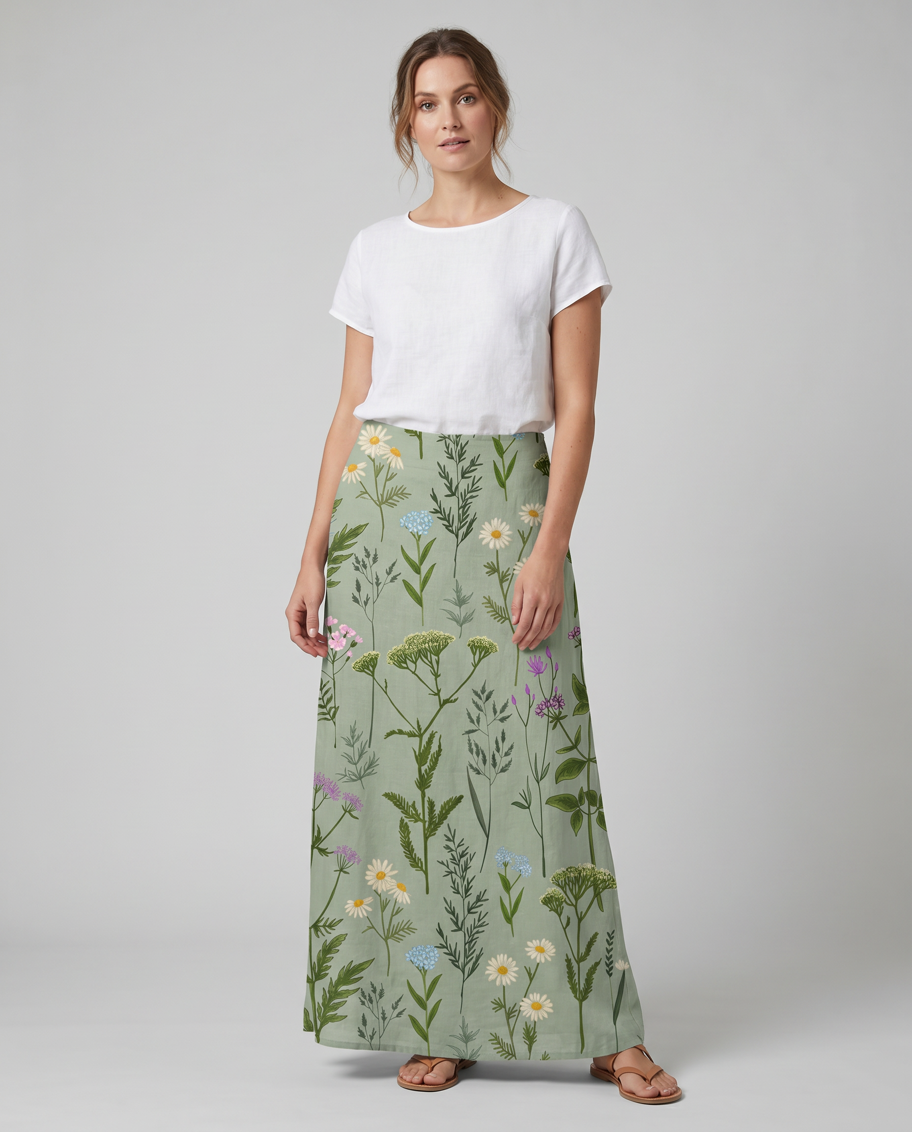 Spring Field Print Green A-Line Pocket Skirt — detail view