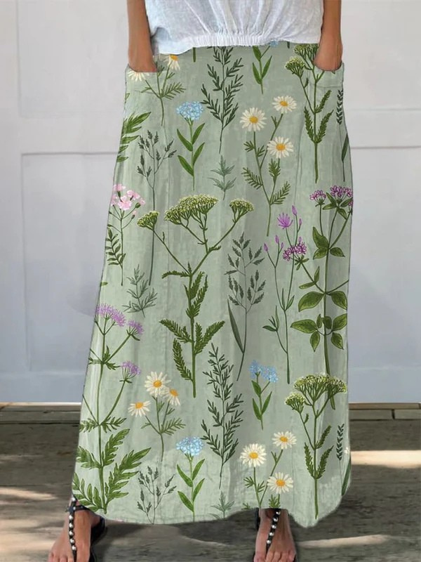 Spring Field Print Green A-Line Pocket Skirt — model wearing