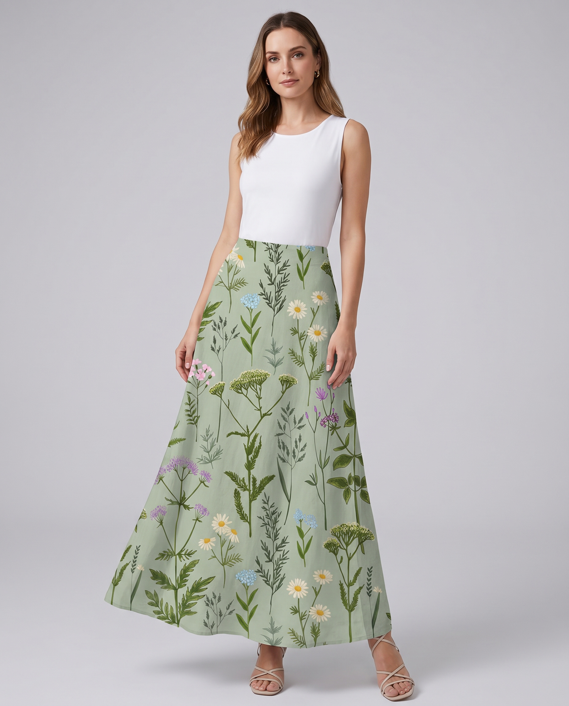 Spring Field Print Green A-Line Pocket Skirt — side view