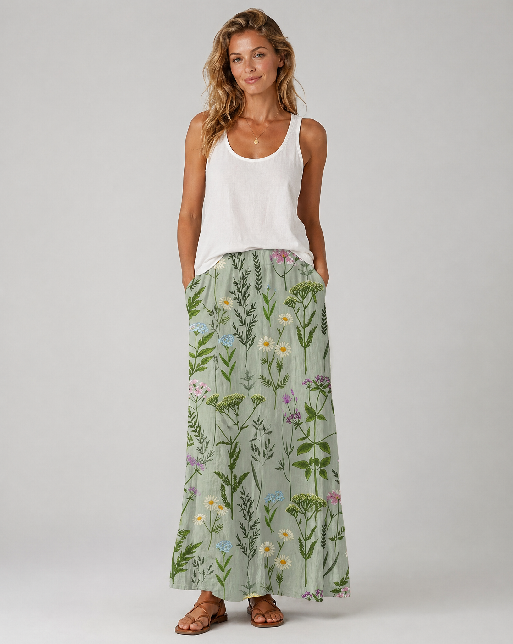 Spring Field Print Green A-Line Pocket Skirt