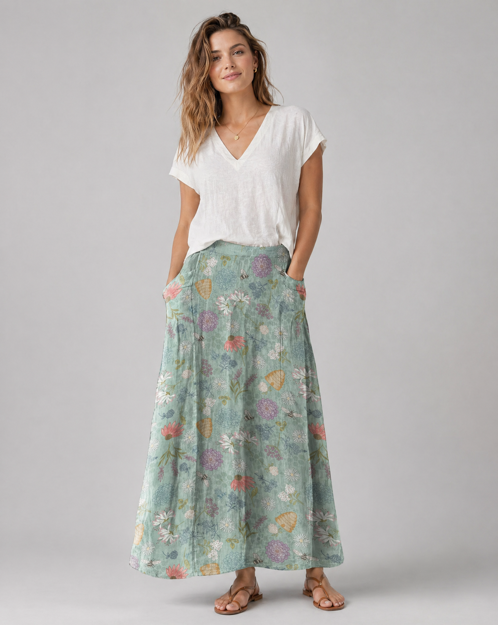 Spring Floral Bumble Bee Print Pocket Skirt — back view