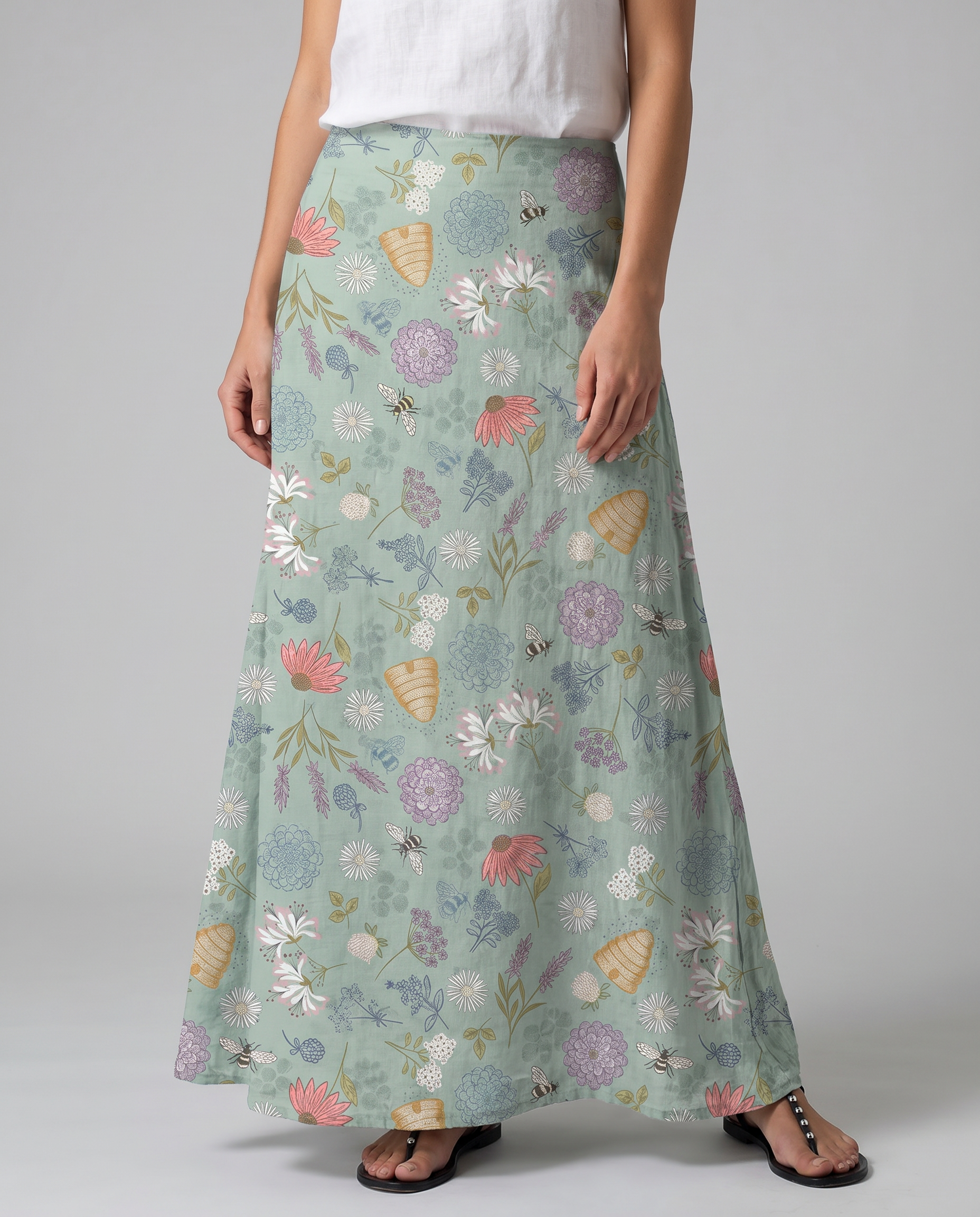 Spring Floral Bumble Bee Print Pocket Skirt — model wearing