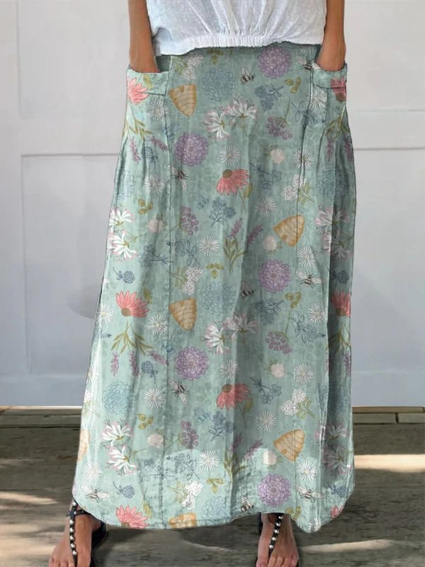 Spring Floral Bumble Bee Print Pocket Skirt — side view