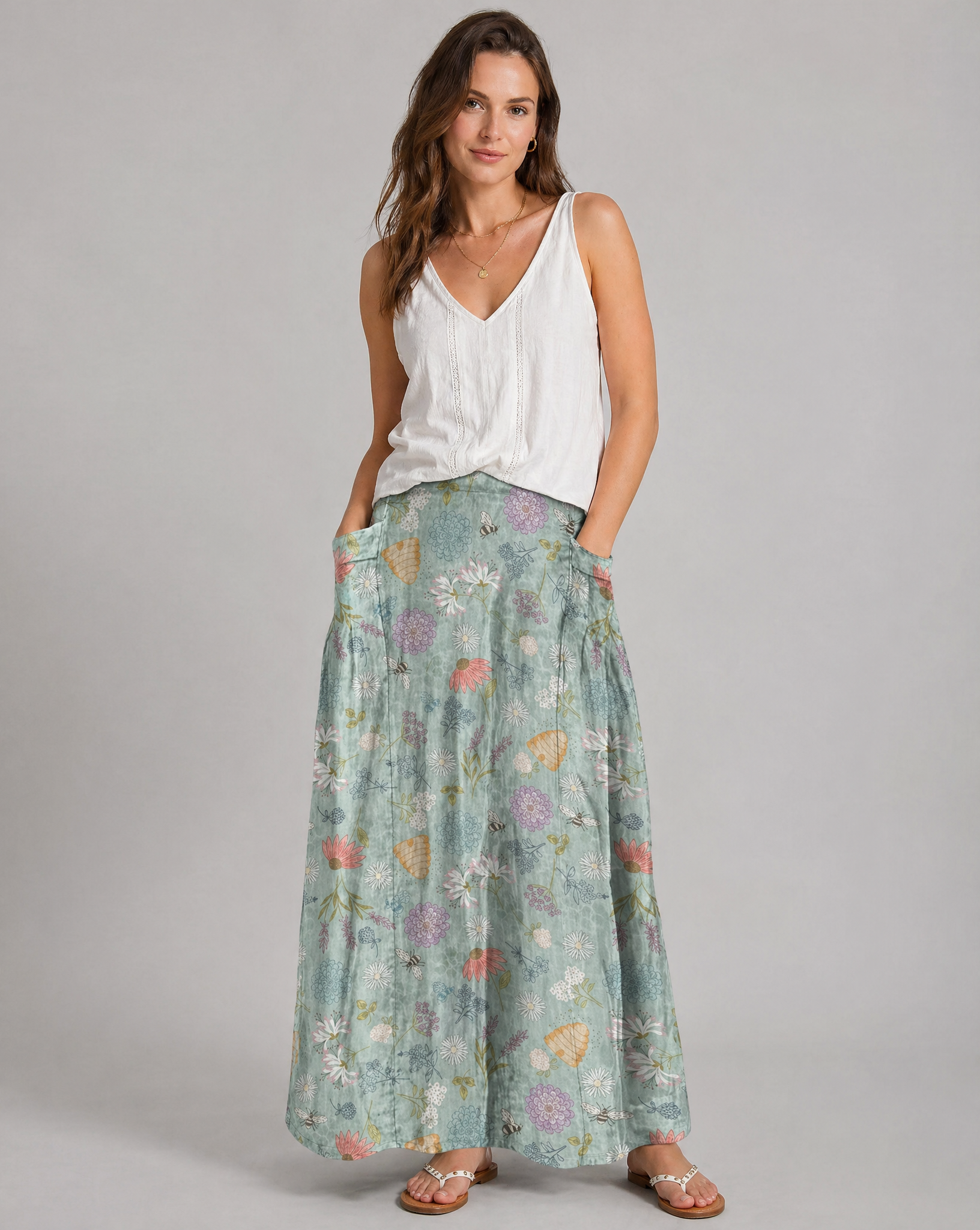 Spring Floral Bumble Bee Print Pocket Skirt