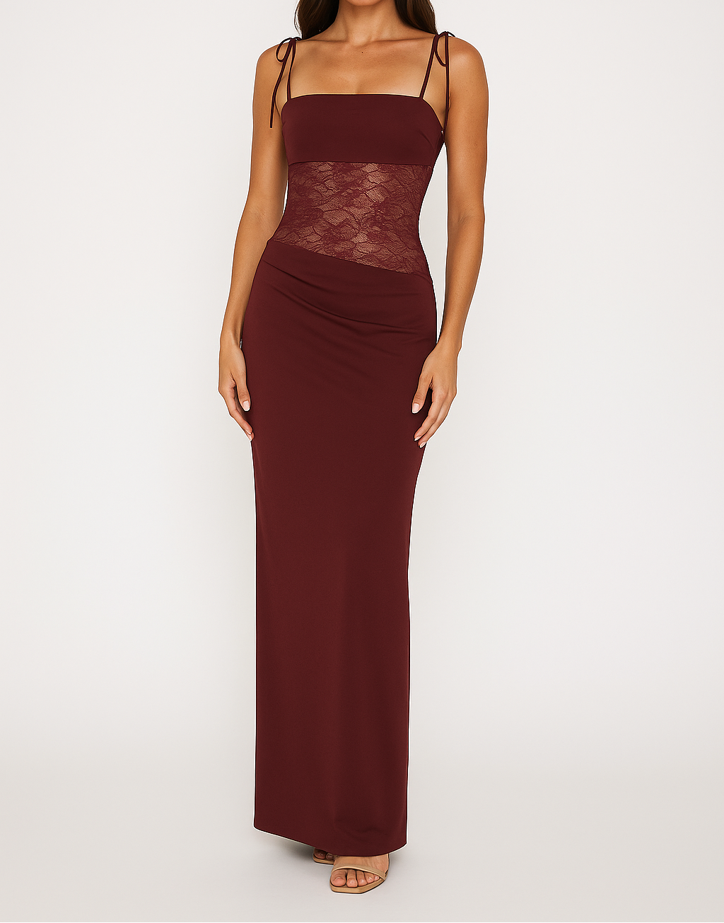 Square Neck Sheer Lace Panel Slip Long Evening Gown