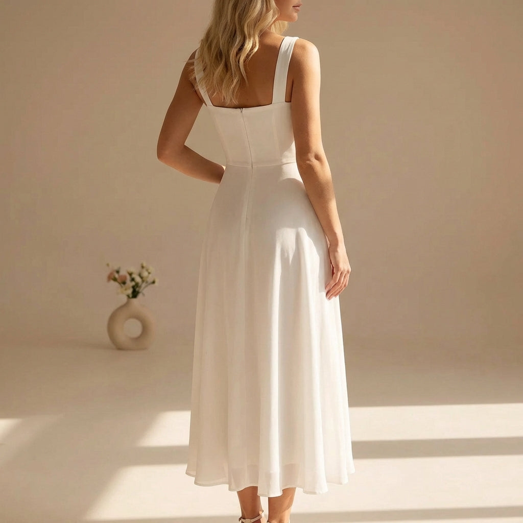 Square Neck Wide Strap Sleeveless Chiffon A-Line Midi Dress — back view