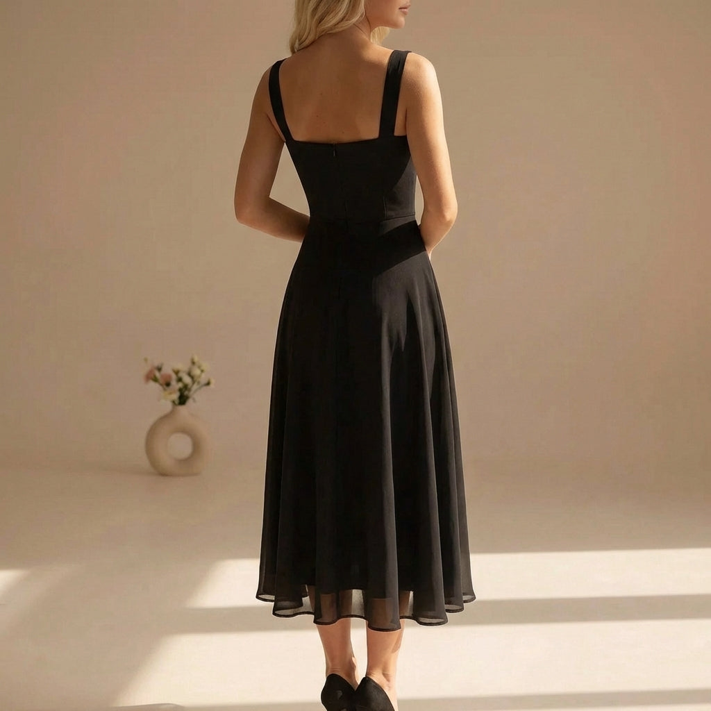 Square Neck Wide Strap Sleeveless Chiffon A-Line Midi Dress — detail view