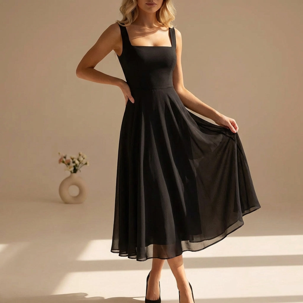 Square Neck Wide Strap Sleeveless Chiffon A-Line Midi Dress — side view