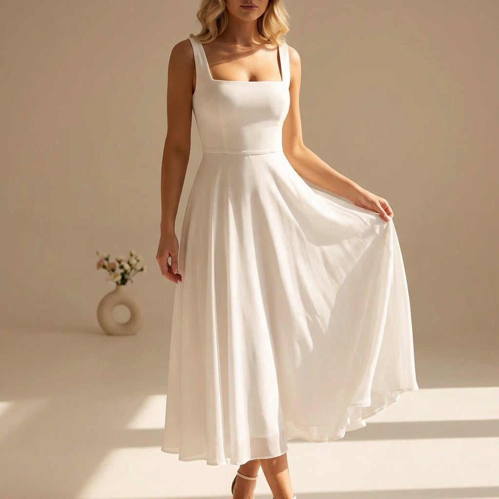 Square Neck Wide Strap Sleeveless Chiffon A-Line Midi Dress