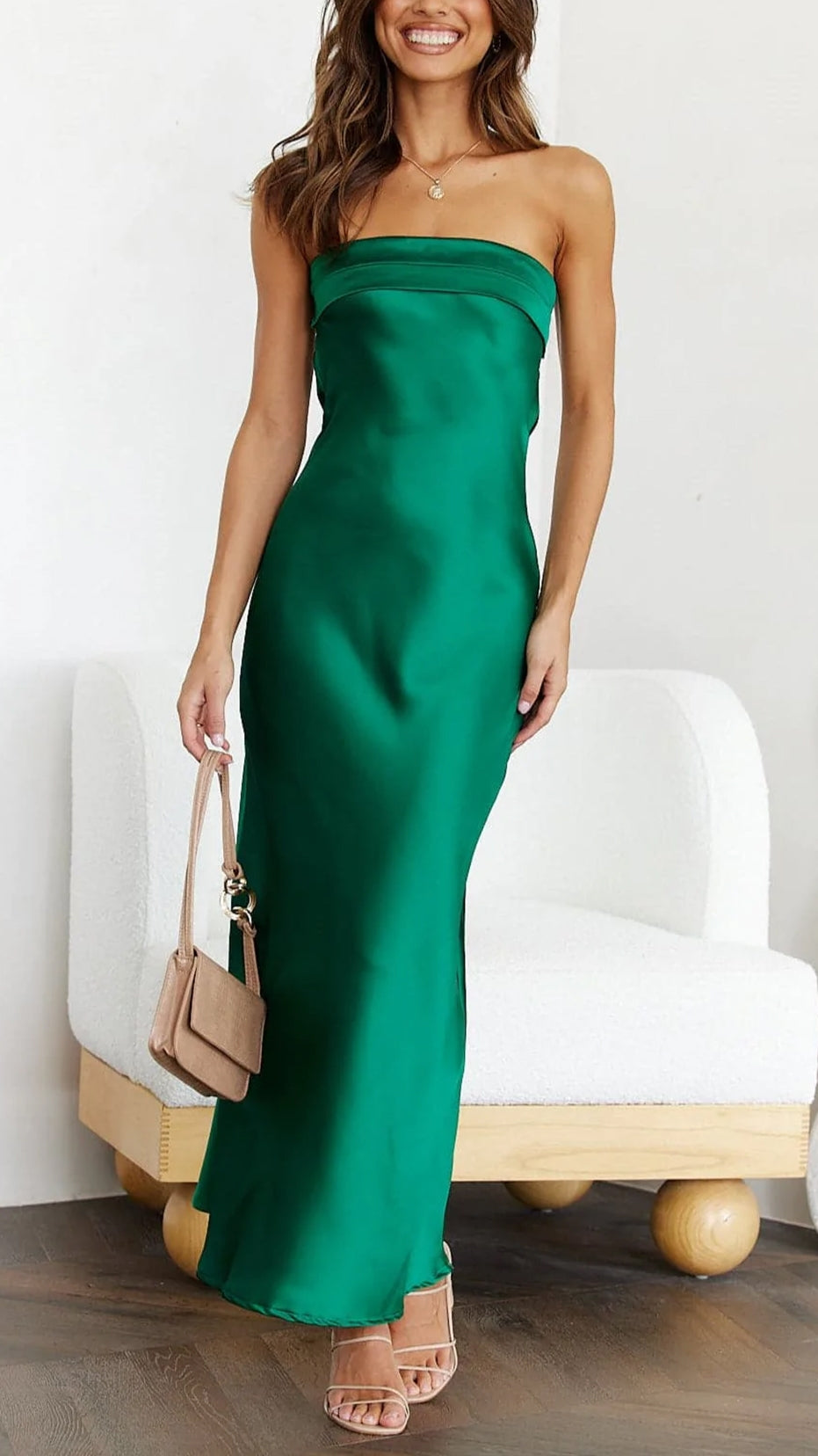 Strapless Bandeau Satin Bias-Cut Long Evening Dress with Column Skirt — alternative angle