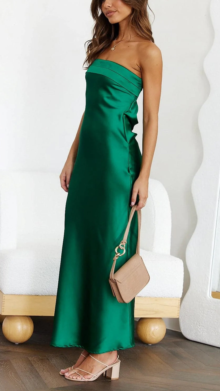 Strapless Bandeau Satin Bias-Cut Long Evening Dress with Column Skirt — styling detail