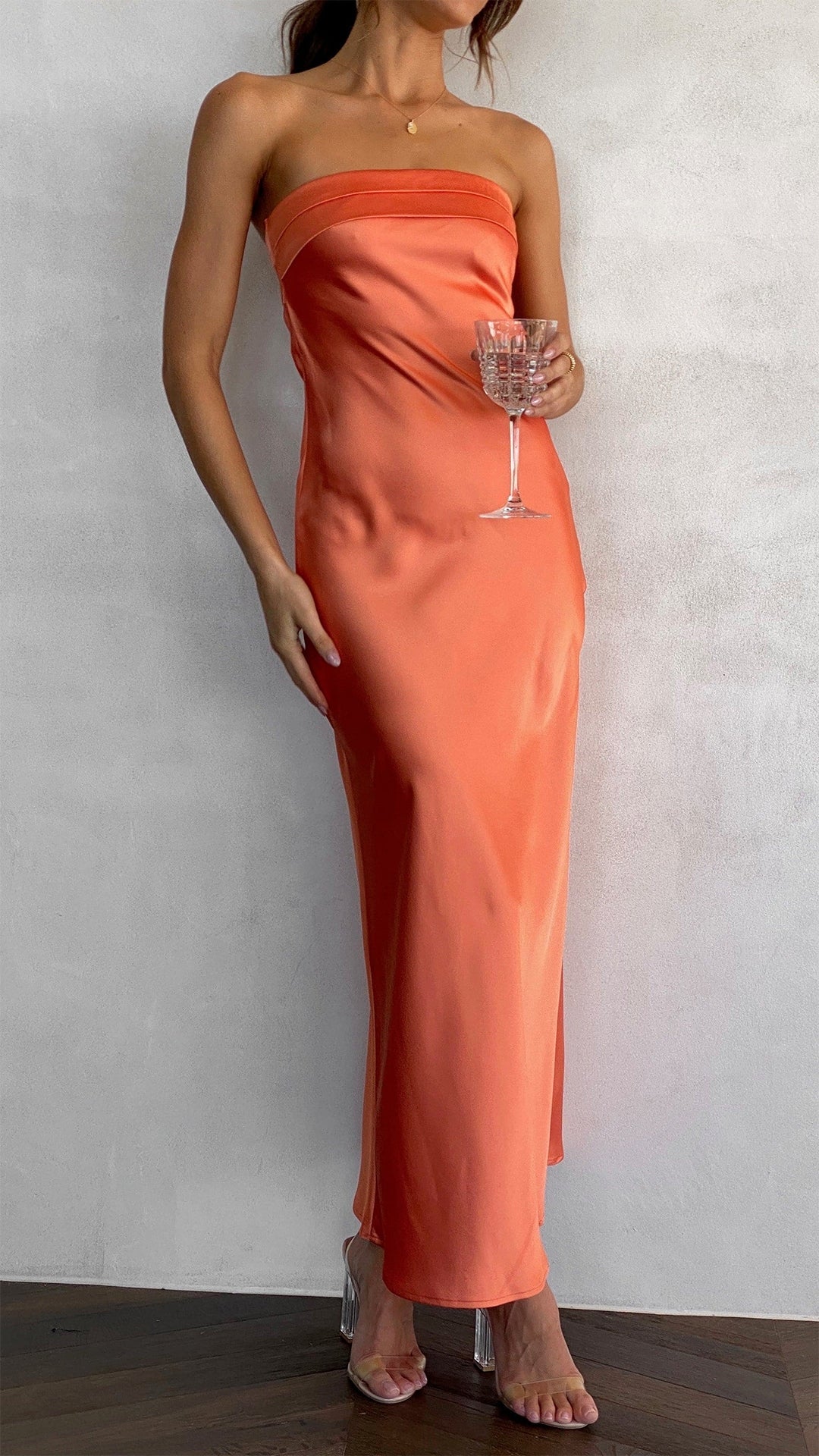Strapless Bandeau Satin Bias-Cut Long Evening Dress with Column Skirt
