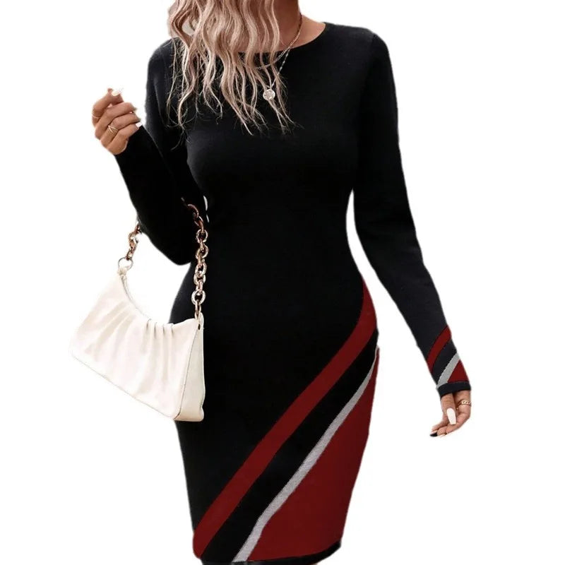 Striped A-Line Dress – Chic Long Sleeve Casual Wear — close-up
