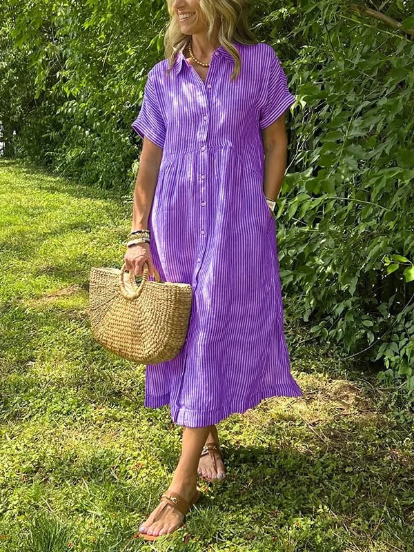 Striped Button-Front Midi Shirt Dress with Short Sleeves and Collar — alternative angle