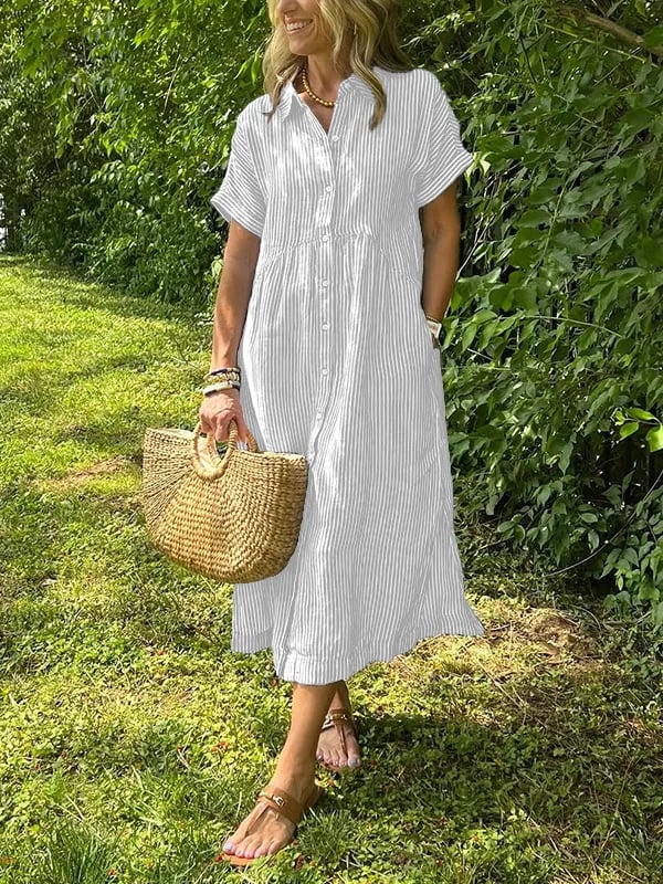 Striped Button-Front Midi Shirt Dress with Short Sleeves and Collar — back view