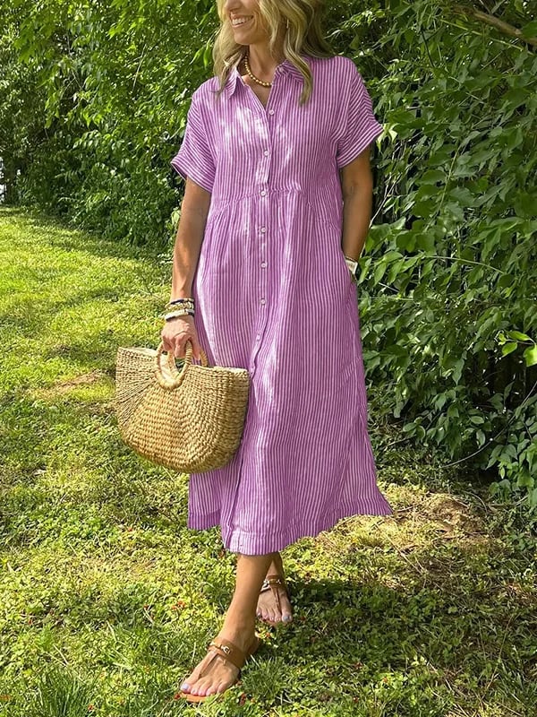Striped Button-Front Midi Shirt Dress with Short Sleeves and Collar — close-up