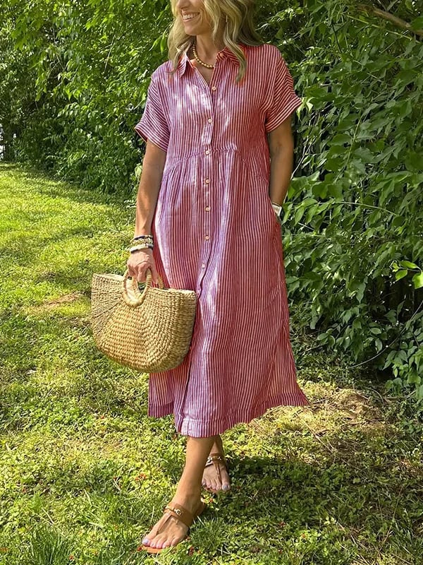 Striped Button-Front Midi Shirt Dress with Short Sleeves and Collar — detail view