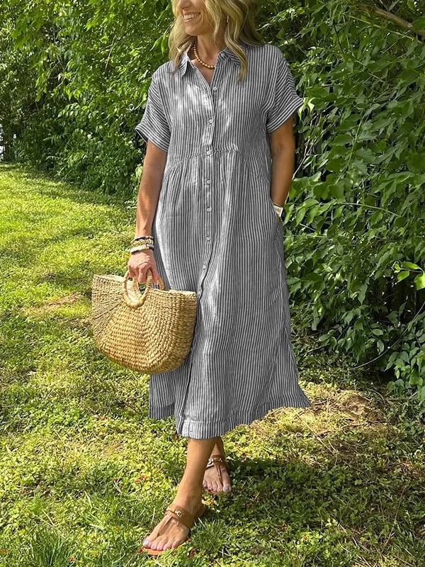 Striped Button-Front Midi Shirt Dress with Short Sleeves and Collar — fit overview