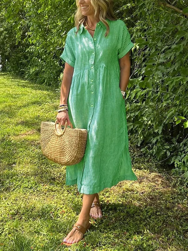 Striped Button-Front Midi Shirt Dress with Short Sleeves and Collar — model wearing
